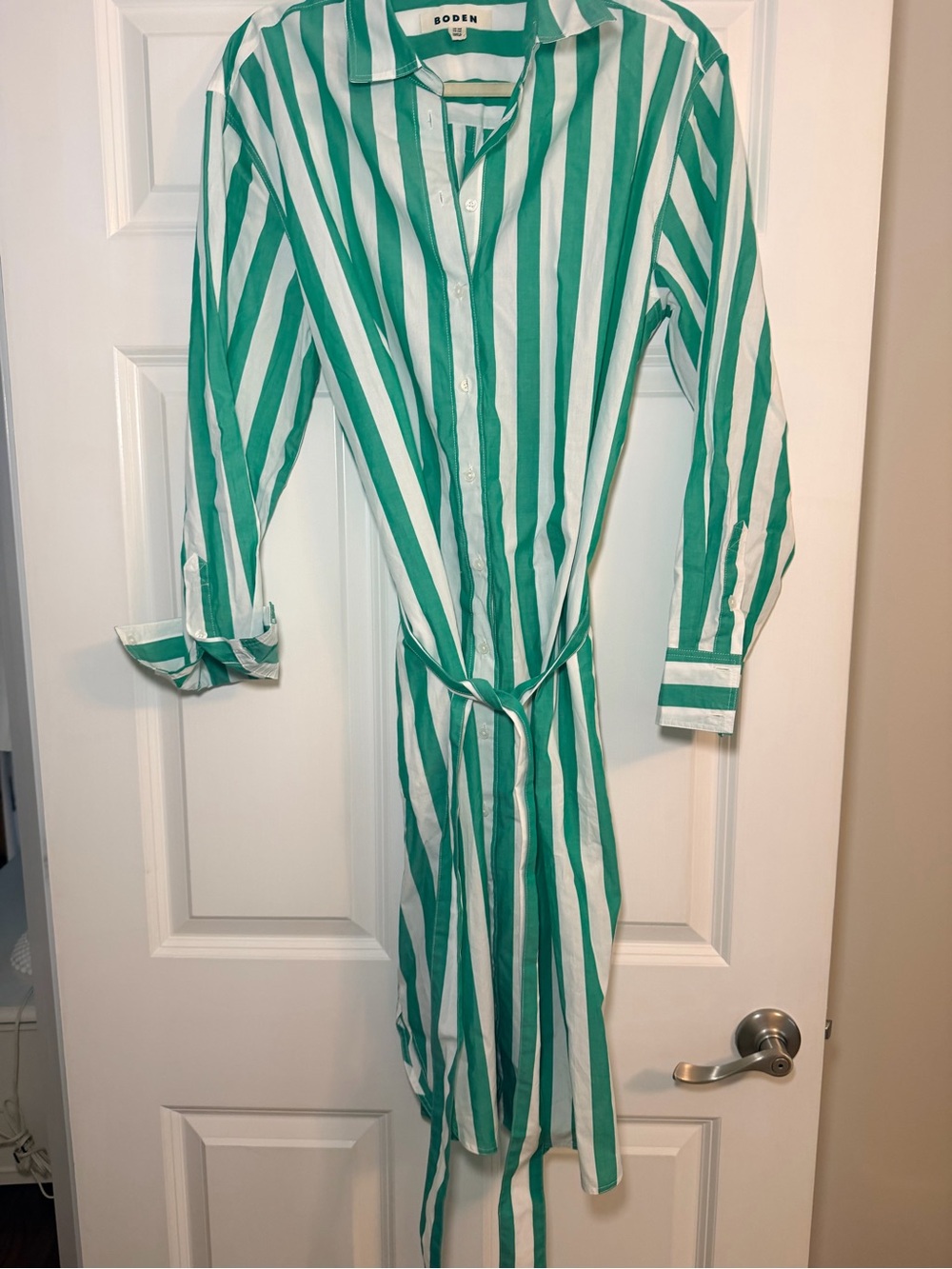 Boden Green and White Striped Shirt Dress